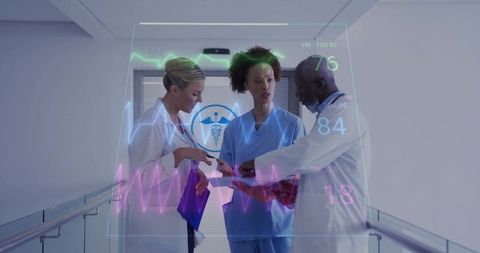 Doctors Analyzing Holographic Vitals in Futuristic Hospital