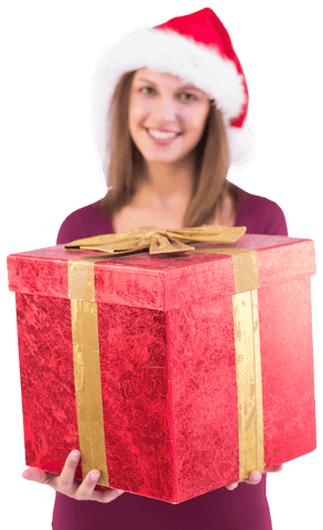 Smiling Woman in Santa Hat Offering Transparent Gift Box with Bow