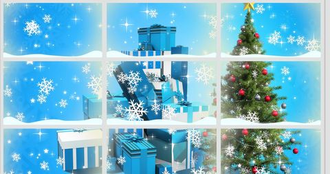 Cozy Christmas Scene with Gifts and Snow from Window View