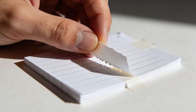Hand peeling adhesive tape from stack of lined notecards, closeup on white desk surface