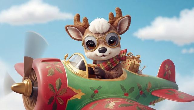 Whimsical reindeer pilot flying festive propeller plane with wrapped gift and scarf for holiday chee