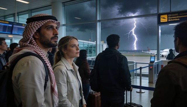 Passengers watching lightning strike at airport terminal during thunderstorm causing delays