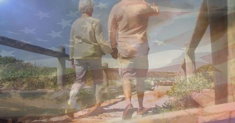 Senior Couple Holding Hands on Beach with USA Flag Overlay