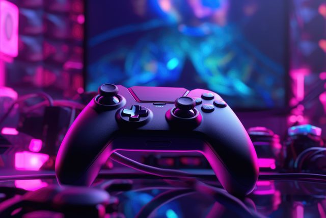 Gaming controller in futuristic setup with neon lighting, great for technology and gaming blog illustrations, promotional material for video game releases, electronics store advertisements or articles discussing gaming and technology trends.