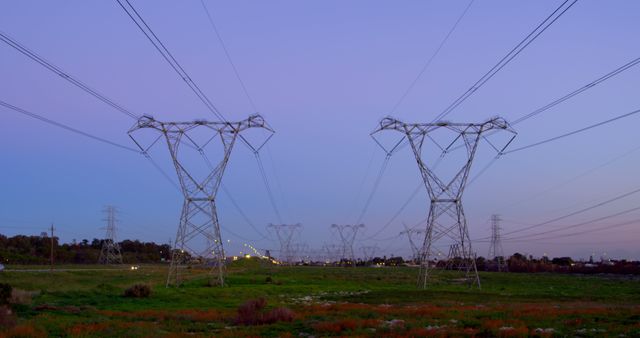 High voltage electric poles during sunset 4K 4k