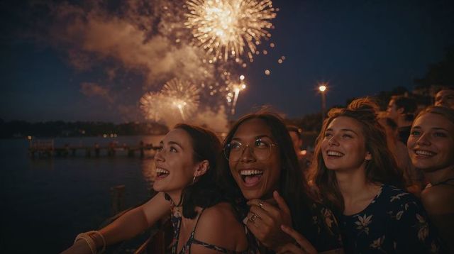 Friends celebrating summer fireworks at waterfront pier, laughing and watching at night