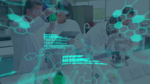 Innovative Scientists Analyzing Data with Digital Interface