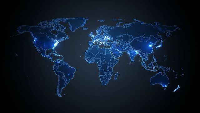 Neon Blue Global Network Map Tracing Country Borders with Glowing Nodes and Digital Hubs