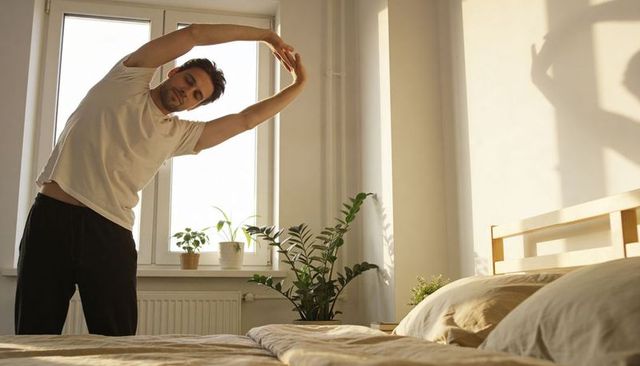 Young man stretching beside bed in sunlit minimalist bedroom during calm morning routine