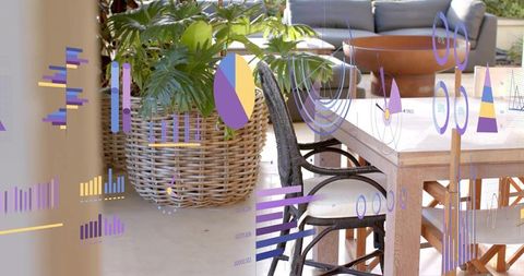 Modern outdoor dining area featuring augmented reality data overlays on sunroom terrace