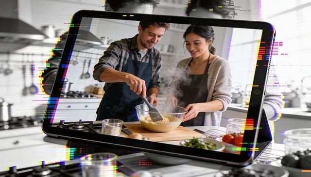Couple stirring batter in virtual cooking class on tablet screen with glitch tech style
