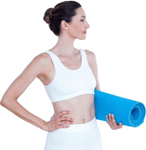 Healthy woman holding yoga mat transparent background