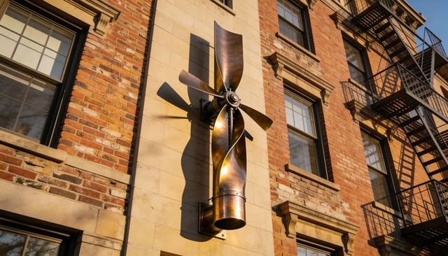 Bronze turbine sculpture casting shadow on masonry facade with windows and fire escape