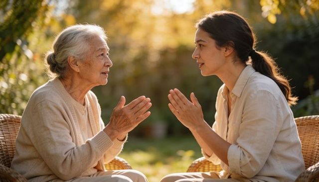Senior and adult women sharing warm conversation in sunlit garden during golden hour