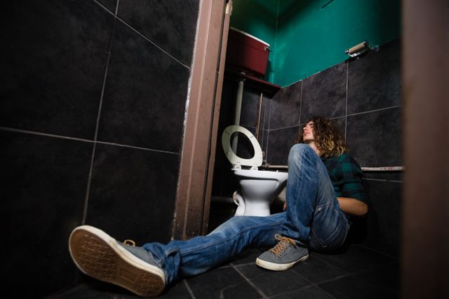 This image depicts an unconscious man sleeping on a bathroom floor, possibly due to intoxication or illness. The scene is set in a dimly lit restroom with tiled walls and floor. The man is wearing jeans and sneakers, lying next to a toilet. This image can be used in articles or campaigns related to alcohol abuse, health emergencies, or the dangers of excessive drinking. It may also be useful for illustrating the consequences of risky behavior or for educational purposes in health and safety programs.