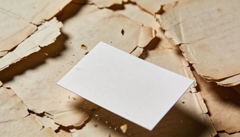 Blank White Card Floating Over Torn Vintage Paper Texture with Dust and Fragments