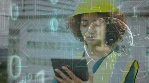 Female Engineer Using Tablet Amidst Futuristic Data Overlay