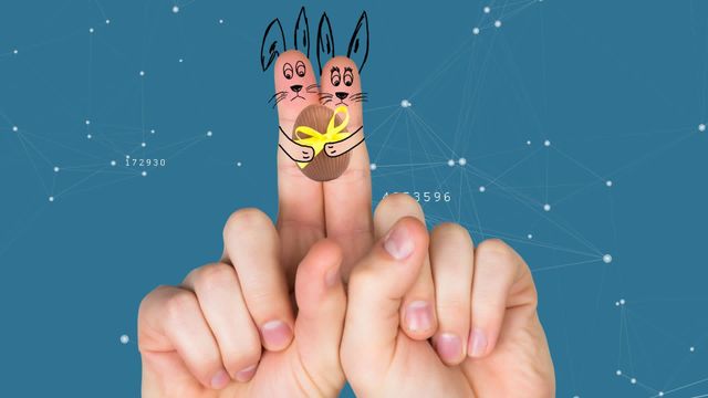 This creative and playful stock image features animated Easter bunnies drawn on two fingers, holding an egg, set against a digital network background with blue tones and connection lines. It is ideal for Easter-themed projects, technology and digital concepts, and presentations that blend creativity with tech. Great for social media posts, festive greetings, and advertising campaigns.