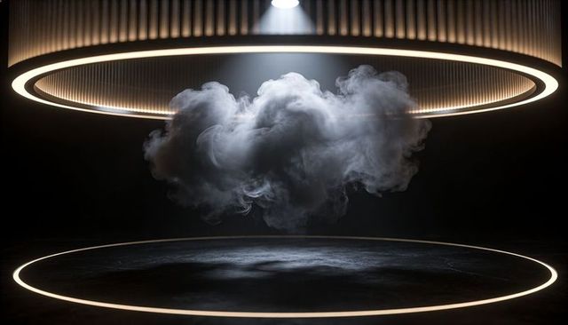 Floating Smoke Cloud Hovering Between Circular LED Halo Rings on Dark Minimalist Stage