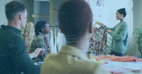 Team Collaborating on Fashion Design with Digital Overlay Concept