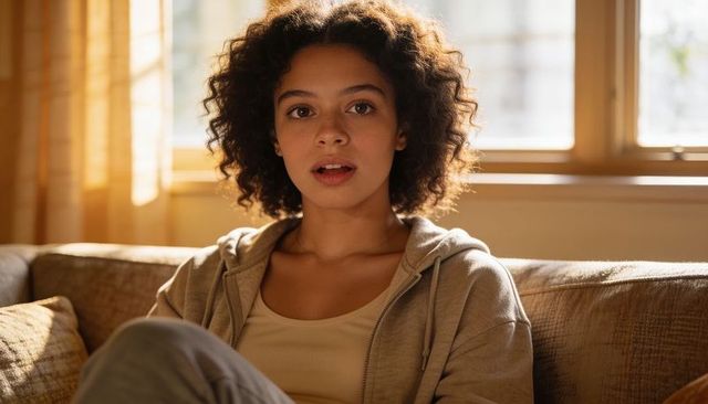Young woman relaxing on sunlit sofa wearing gray hoodie and casual loungewear