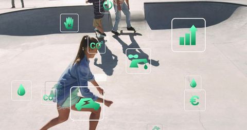 Young skater running across concrete skate bowl with digital hud overlays