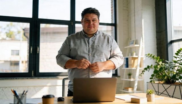 Confident man standing behind laptop in sunlit loft office with plants and coffee