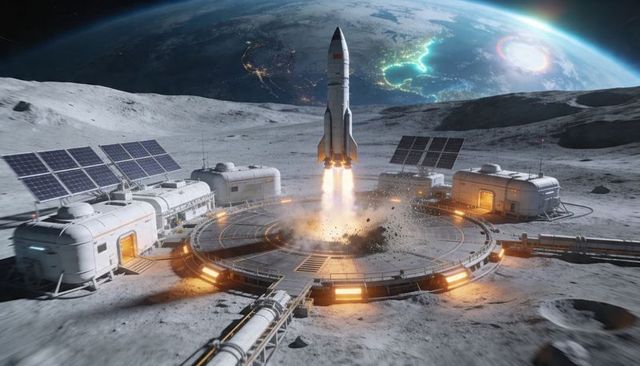 Launching rocket from lunar base circular pad with Earthrise and solar modules