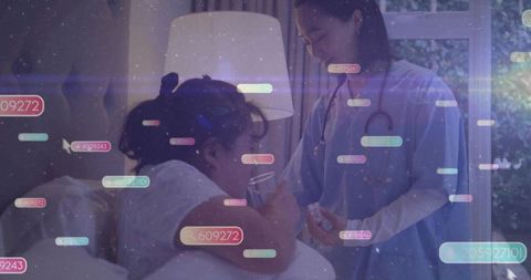 Medical Professional Caring for Woman at Home with Data Technology Layer