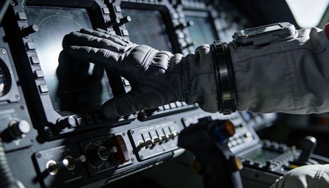 Gloved Astronaut Operating Touchscreen Cockpit Console with Radar Display and Controls