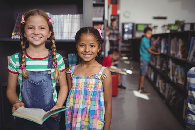 Two young schoolgirls standing in a library, holding a book and smiling. Ideal for educational materials, school promotions, literacy campaigns, and children's learning resources. Highlights themes of friendship, diversity, and the joy of reading.