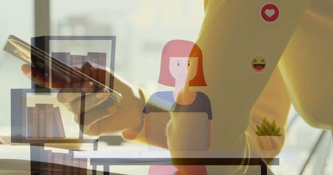 Student using smartphone with emojis in classroom digital concept