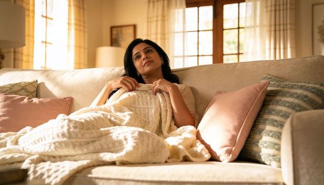 Woman reclining on sofa holding cable knit blanket, gazing pensively in sunlit living room