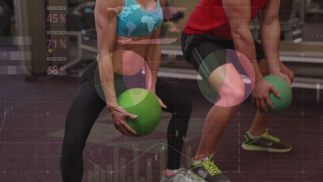 Athletes are performing exercises in a well-equipped gym, focusing on strength training with a medicine ball. Overlay of graphs and data visuals signifies the integration of technology and progress tracking in modern fitness. Ideal for content related to fitness programs, athletic training, sports science, advanced gym equipment, and data-driven workouts.