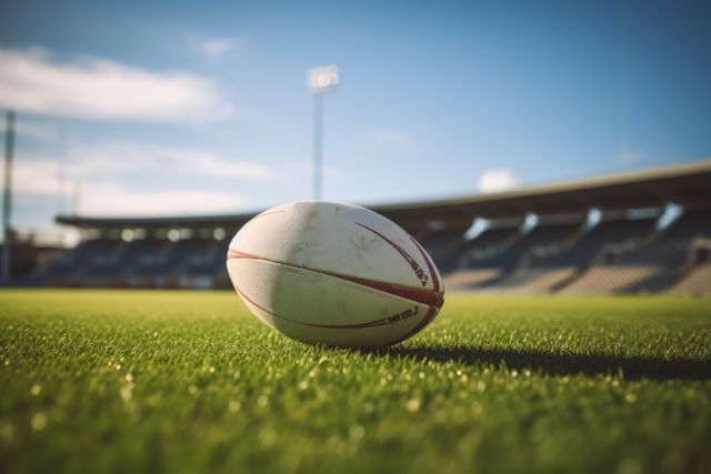 Rugby ball sitting on grass field in an empty stadium. Scenic image ideal for sports advertisements, promotional materials, or involving athletic themes. Could be used in campaigns to promote rugby events, team spirit, or fitness awareness. Suitable for use in editorials discussing strategies, competitions, or games.