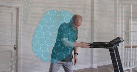 Middle-aged man adjusting treadmill console with augmented reality home fitness overlay