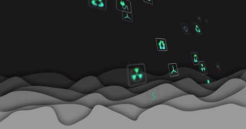 Flowing layered gray terrain with glowing teal data glyphs floating over dark digital void