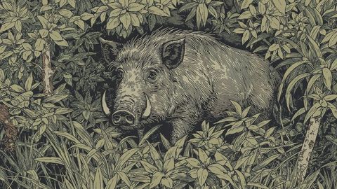 Wild Boar Emerging from Dense Forest Undergrowth