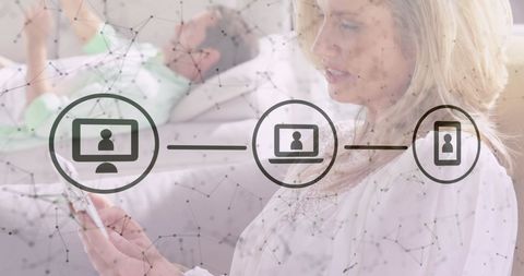 Woman using smartphone with digital communication icons