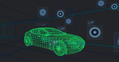 Neon Green Wireframe Sports Sedan Rotating inside Futuristic Design Studio with HUD Panels