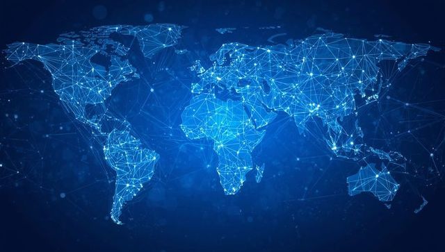 Digital Global Network Map with Illuminated Data Nodes