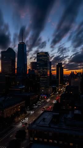 Vertical skyline at dusk with skyscraper spire and car light trails over downtown