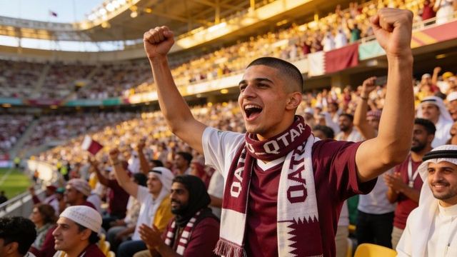 Young qatari football fan cheering in packed stadium wearing maroon jersey and qatar scarf