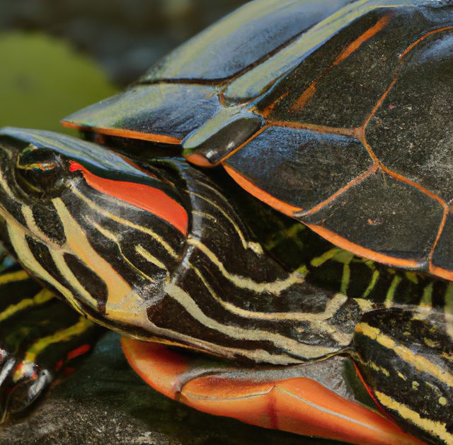Showcases detailed close-up of vibrant painted turtle emerging from water, highlighting colorful markings on shell and skin. Use for educational content about reptiles, wildlife photography, nature conservation, and ecosystem studies. Suitable for nature magazines, biology textbooks, and wildlife conservation campaigns.