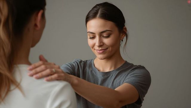 Young woman smiling while comforting friend with gentle shoulder touch, emotional support