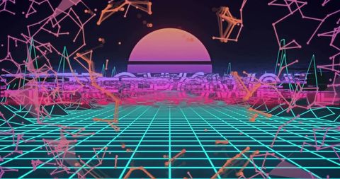 Synthwave Neon Sunset with Futuristic Grid and Network Nodes
