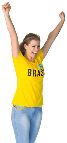 Excited woman celebrating in brazil t-shirt with transparent background