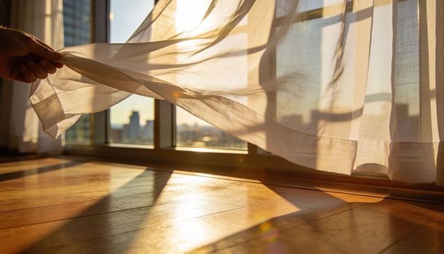 Sunlit sheer curtain billowing over warm wooden floor with city skyline glow