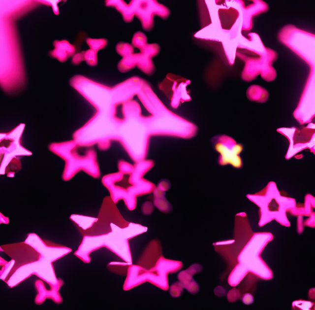 Glowing pink neon star shapes floating on a black background, creating a vibrant and festive feel. Ideal for party invitations, festive decorations, background designs, or advertisement visuals that require an energetic and fun atmosphere.