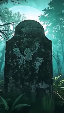 Vertical video showing camera pushing forward to mossy tombstone in misty moonlit glade